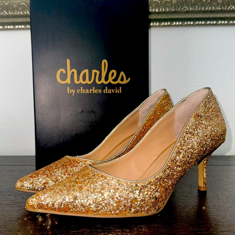ANGELICA Gold Glitter Heels by Charles David Size 6.5